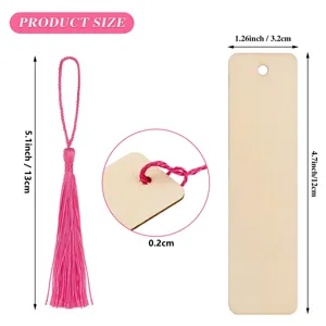 Marcador de libros de madera en blanco con borla rosa DIY artesanía etiqueta rectangular