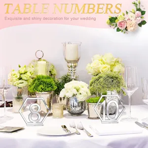 Acrylic mirror hexagon table numbers with hollowed digits, elegant wedding party decor.