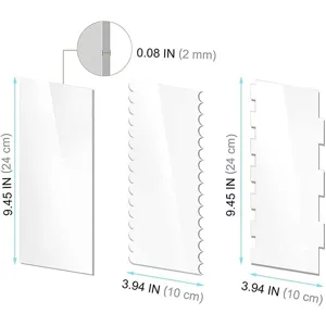 Transparante acryl taartschraper set met gladde, gegolfde en gekerfde randen voor bakken.