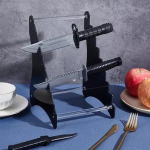 Acrylic desktop knife display stand detail view, multi-tier black rack with clear rods.