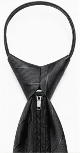 Black zipper necktie close up detail, pre-tied lazy tie for business suit and formal wear.