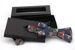 Stylish floral print bow tie set with black gift box for men, perfect fashion accessory.
