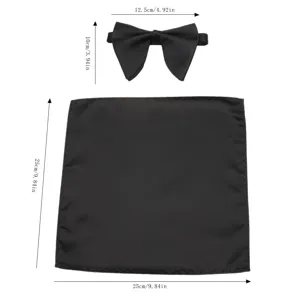 Men solid black bow tie and pocket square set groom wedding suit tuxedo accessories