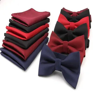 Men's formal suit bowtie and pocket square set in classic solid colors for wedding.