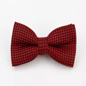 Red and black houndstooth bow tie for men, classic British style neckwear accessory.