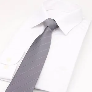 Grey striped men's business necktie detail shot, elegant formal wear accessory for suit.