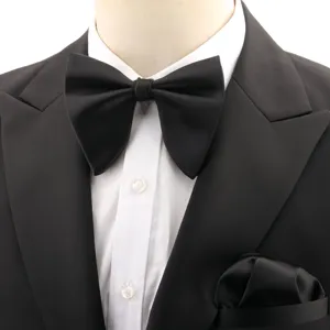 Classic men solid black bow tie and pocket square set for wedding groom tuxedo formal wear.