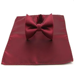 Burgundy mens bow tie and pocket square set, elegant wedding suit accessory with twill texture.