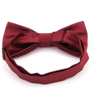 Close-up of mens burgundy striped bow tie detail with adjustable neck strap and metal hardware.