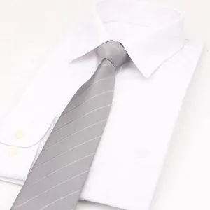 Grey striped necktie for men business formal wear paired with crisp white dress shirt.