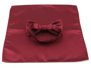 Close-up detail of the elegant burgundy striped bow tie and pocket square set.