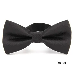 Close-up detail of a classic black striped bow tie with adjustable neck strap for men.