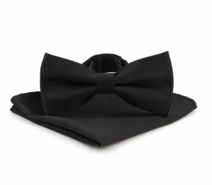 Detailed view of the black textured bow tie and pocket square set, elegant accessory close-up