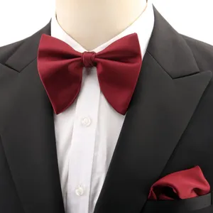 Mens solid color burgundy bow tie and pocket square set for wedding party suit formal wear