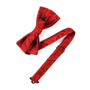 Red black paisley bowtie for men, classic wedding groom tuxedo necktie, adjustable formal neck wear detail.