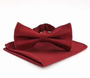 Wine red men's bow tie and pocket square set, elegant striped fabric accessory for weddings.