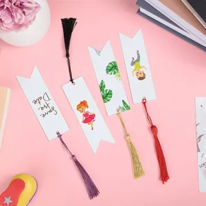Colorful tassel bookmark detail view featuring creative printed designs and elegant elements.