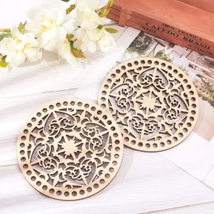 2pcs wooden round hollow bag bases, DIY crochet basket bottom, exquisite floral cutout design