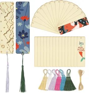 Wooden bookmark set with colorful tassels, blank DIY rectangular wooden tags for crafts and reading.