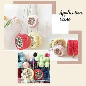 Round crochet shoulder bag with wooden carved base and metal chain, DIY handmade fashion purse.