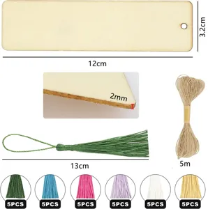 Wooden blank bookmark DIY craft set with colorful tassels and twine rope for handmade art