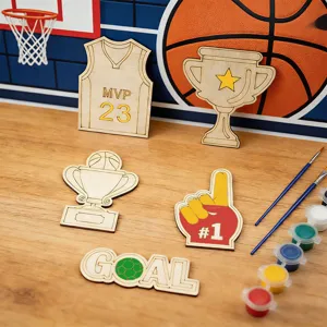 Set de manualidades de pintura DIY de madera detalle, camiseta de baloncesto y trofeo.