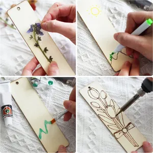 DIY blank wooden bookmarks crafting set featuring floral stickers and painting tools.