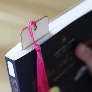 Wooden blank rectangular bookmark with pink tassel, DIY unfinished craft tag for reading lovers.