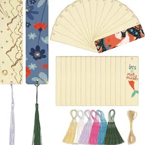 Wooden Blank Bookmarks Set Unfinished Rectangular Wooden Tags With Colorful Tassels And Hemp Rope For DIY Craft Decor