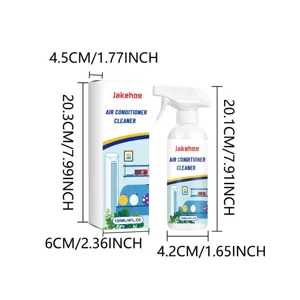 Detailansicht der Klimaanlagenreiniger Sprühflasche mit klaren Maßen und Verpackungskarton.