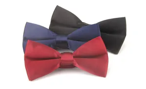 Detailed view of classic men solid color silk satin bowties in red, blue and black.