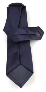 Classic navy blue silk texture mens necktie detail view, premium formal wear accessory.