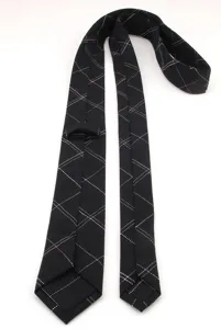 Elegante corbata slim negra para hombre de algodón con patrón de cuadrícula blanca para ocasiones.