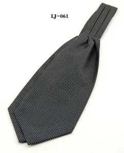 Detail of men's black ascot tie featuring a classic white micro-dot pattern and smooth fabric.