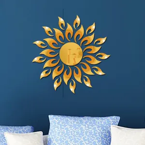 Golden sun acrylic mirror wall sticker, 3D decorative art piece for interior room design.