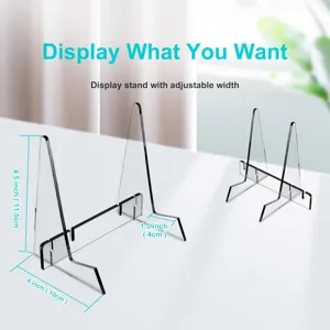 Clear acrylic display stand with adjustable width for books, bowls, and photos details.