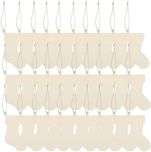 Unfinished wooden Christmas stocking hanging ornaments DIY tree craft slices with twine.