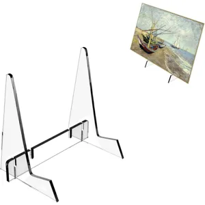 Clear acrylic display stand detail showing detachable structure for books, plates and frames.