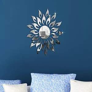 Detail shot of 3D acrylic mirror sun wall sticker showing reflective surface and flower design.