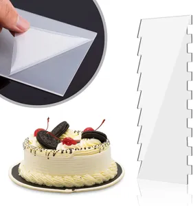 Transparent acrylic cake scraper set for smoothing frosting and baking pastry tools.