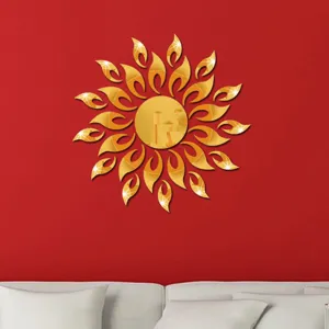 Acrylic mirror sun wall sticker 3D golden flame wall decor for living room bedroom home