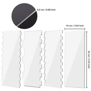 Transparent acrylic cake scraper 4-piece set with dimension guides for baking and icing.