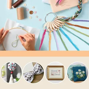 Detail view of wooden cross stitch thread organizer cards, colorful floss and embroidery tools.
