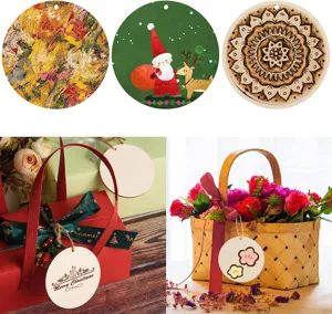 Unfinished round wooden hanging tags with pre-drilled holes for DIY crafts and Christmas decor.