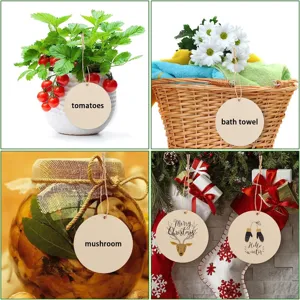 Unfinished wooden round blank hanging tags with jute twine for DIY crafts and home party decor.