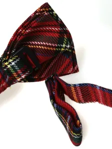 Classic red plaid bow tie detail view, adjustable strap design, British style fashion accessory.