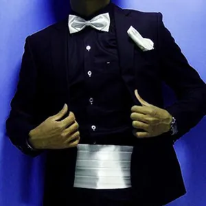 Men's formal glossy cummerbund bow tie and pocket square set for tuxedo and evening party.