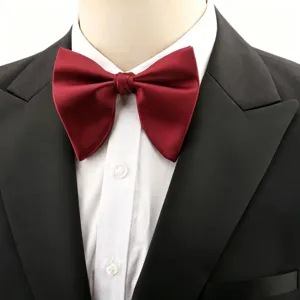 Close-up detail shot of the elegant burgundy silk bow tie paired with a formal suit.