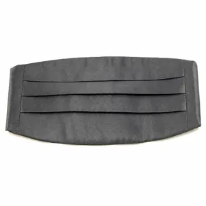 Detail view of the black pleated cummerbund, showing fine satin fabric and neat pleat texture.