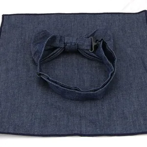 Men casual denim bow tie and pocket square set, stylish accessory for gentlemen.